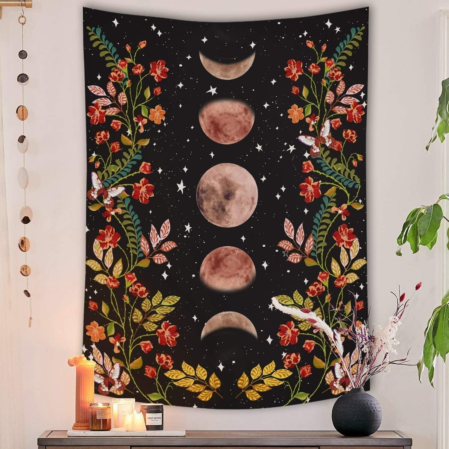 Yisumei tapiz estetico luna flores negro tamaño Hogar - Accesorios y Decoraciones Naty Shop Luna 150L X 130B Cm