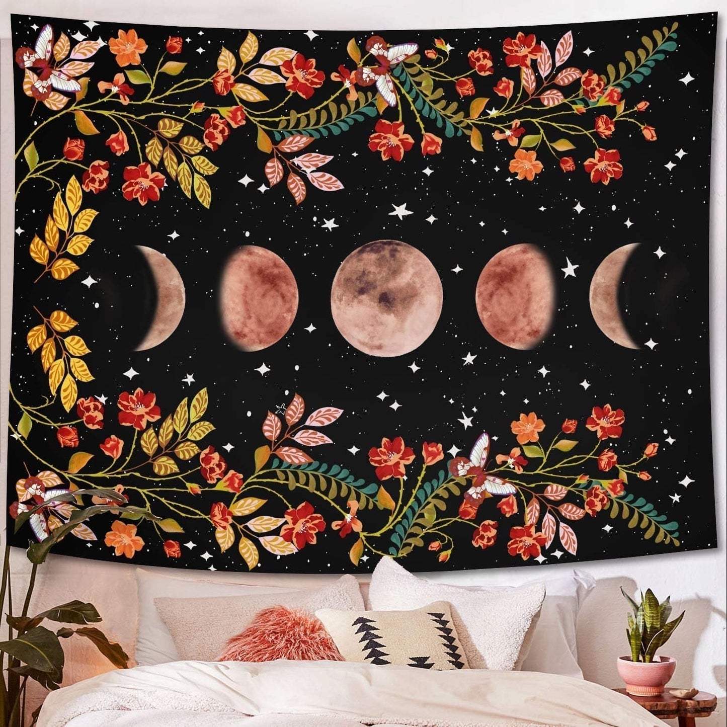Yisumei tapiz estético luna flores tamaño negro Hogar - Accesorios y Decoración Naty Shop