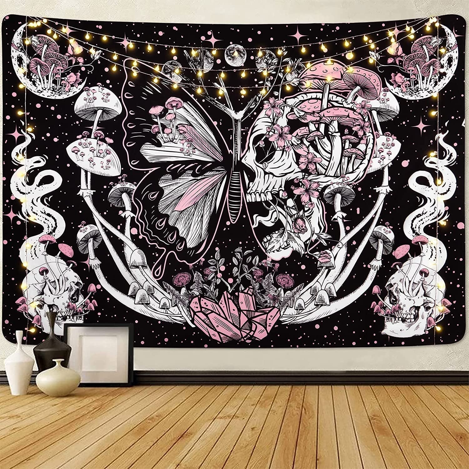 Tapiz Yrendenge Mariposas Esqueleto Setas Casa Estrellas Luna Hogar - Accesorios y Decoración Naty Shop Calavera Polilla Seta 150X130Cm