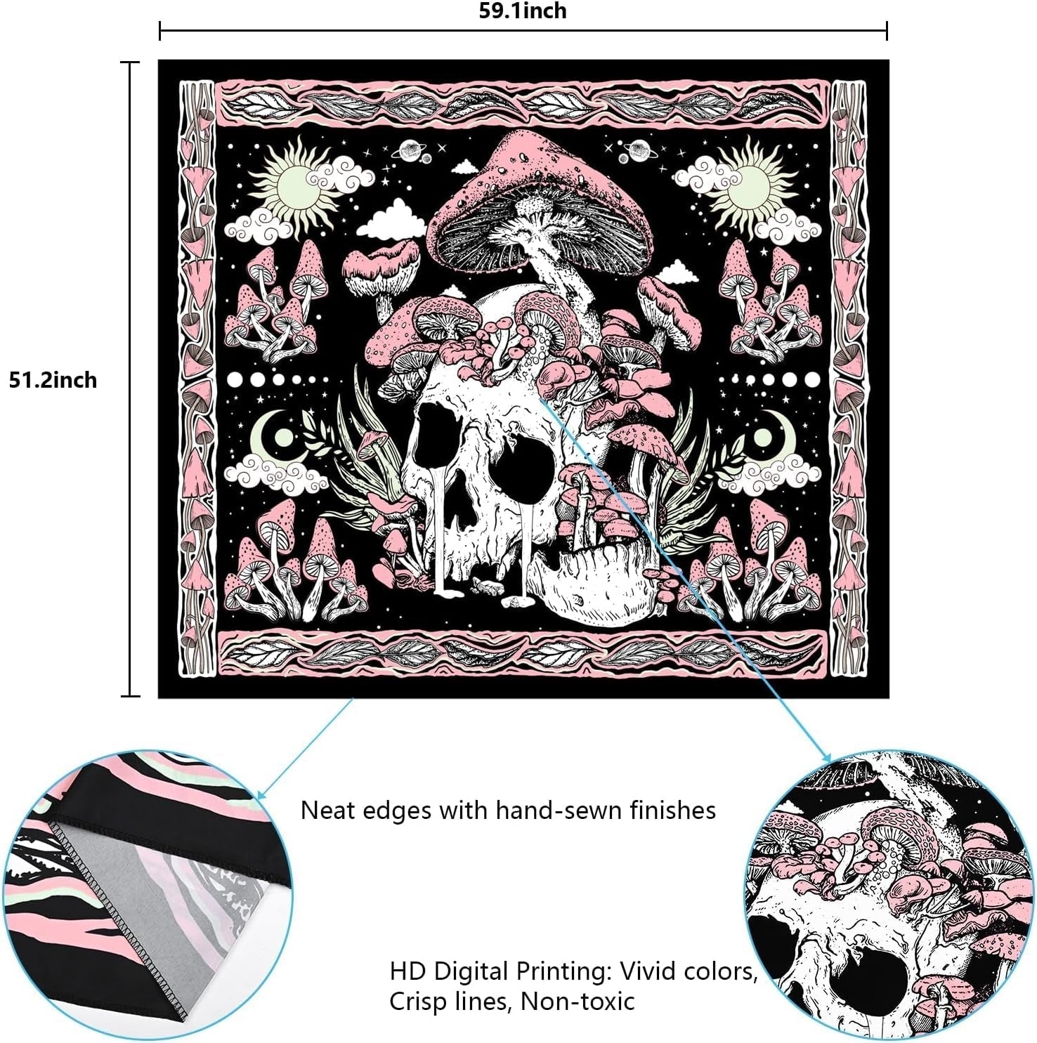Tapiz yugarlibi calavera rosa setas esqueleto Hogar - Accesorios y Decoración Naty Shop