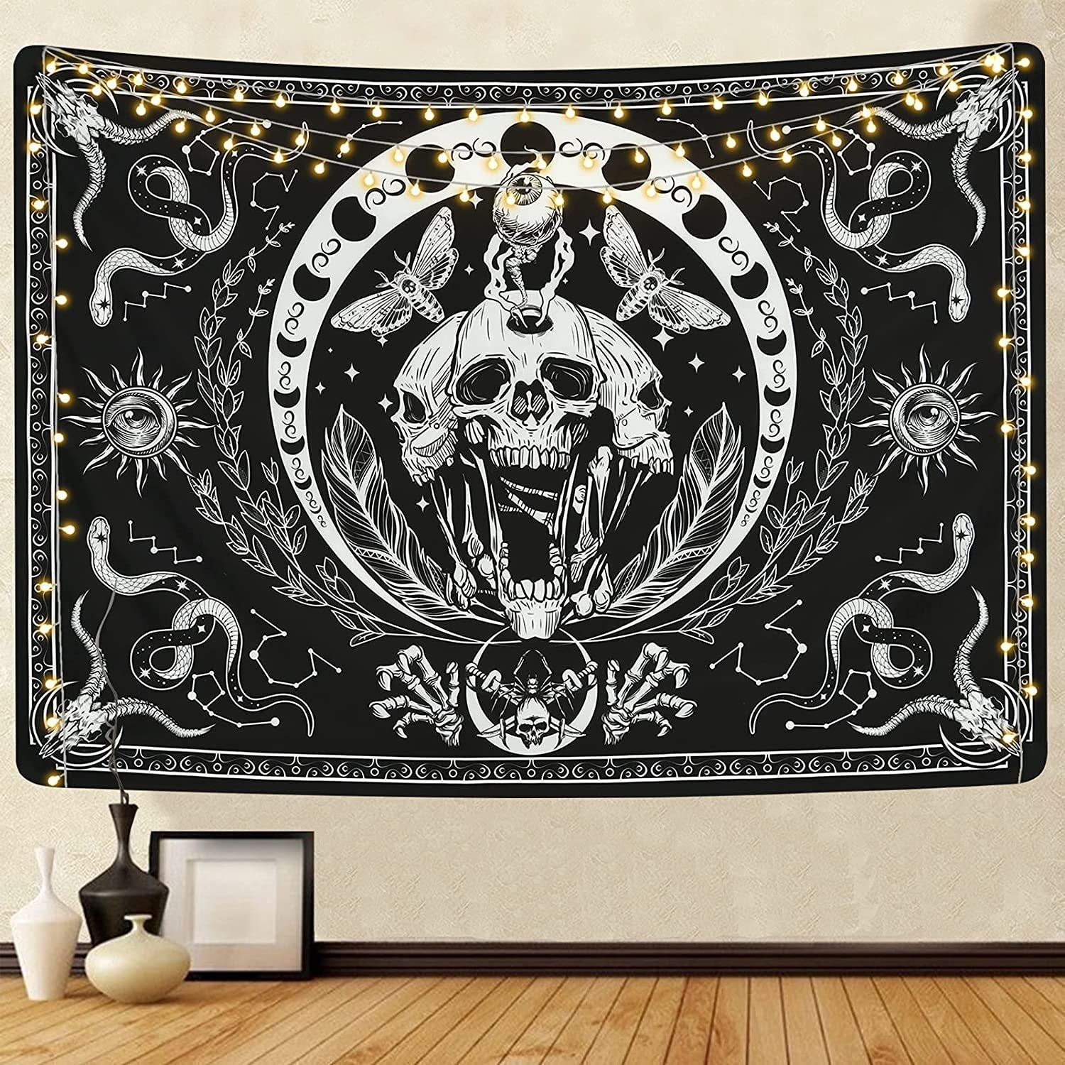 Tapiz yugarlibi esqueleto polilla serpiente negra lienzo estético Hogar - Accesorios y Decoración Naty Shop Negro 150L X 130B Cm