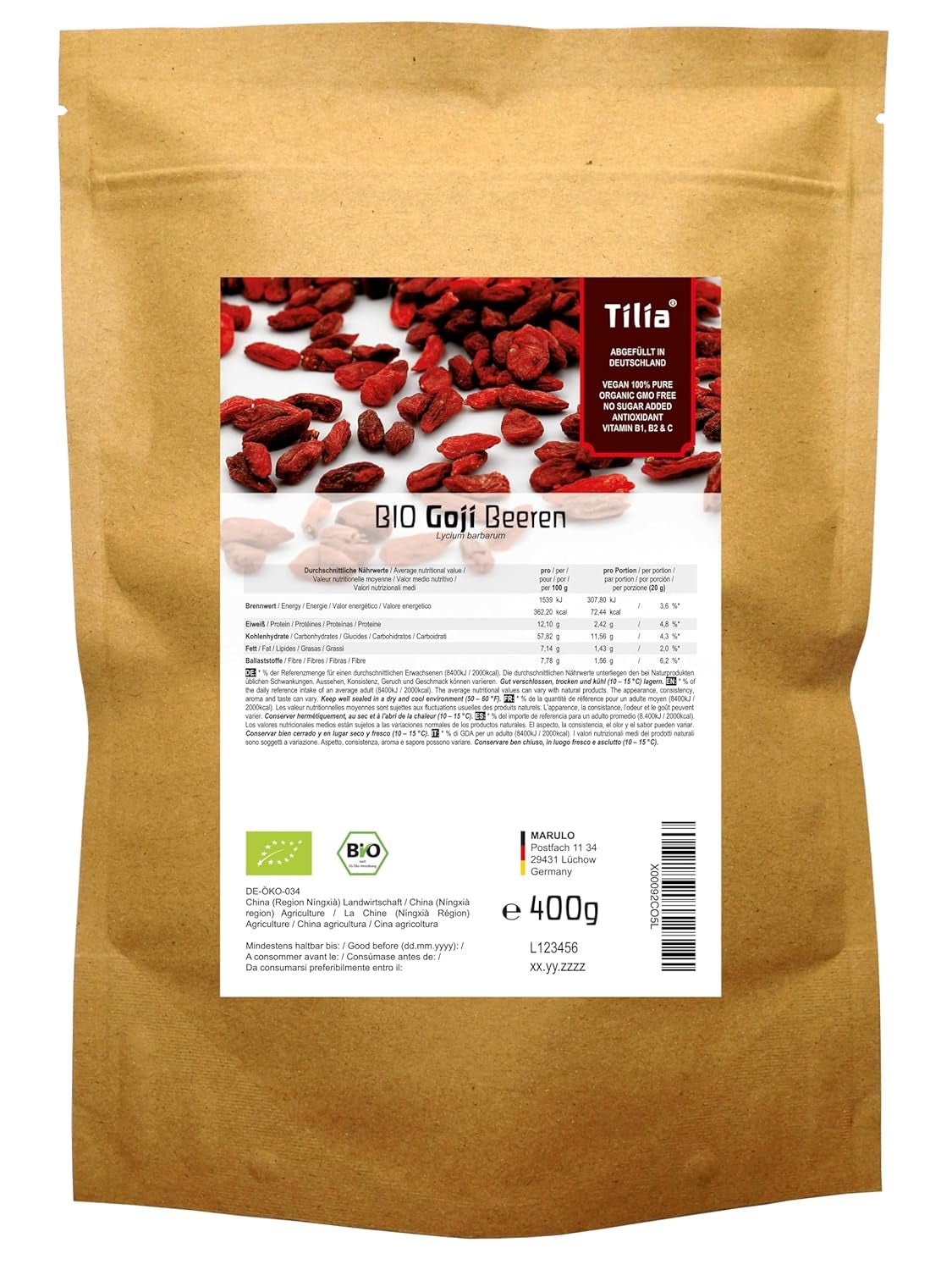 Tilia BIO Bayas de Goji 1 kg Naty Shop productos deshidratados 400 G (1 paquete)