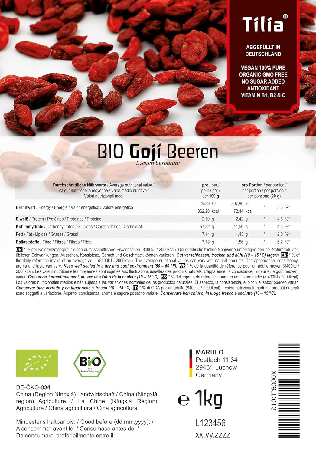 Tilia BIO Bayas de Goji 1 kg Productos deshidratados Naty Shop