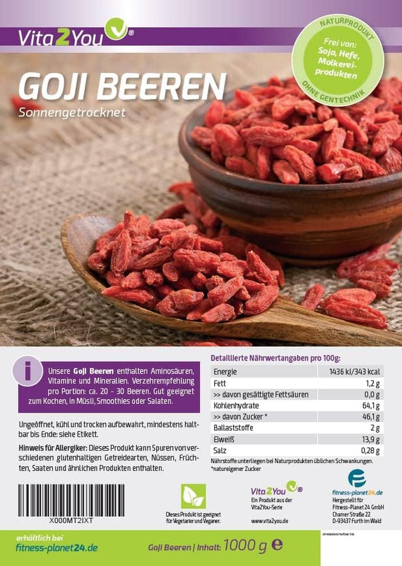 Vita2You Bayas de Goji 1kg - wolfberries - secadas al sol - sin azufre y sin aditivos - 1000g - bolsa zip - calidad premium Productos deshidratados Naty Shop