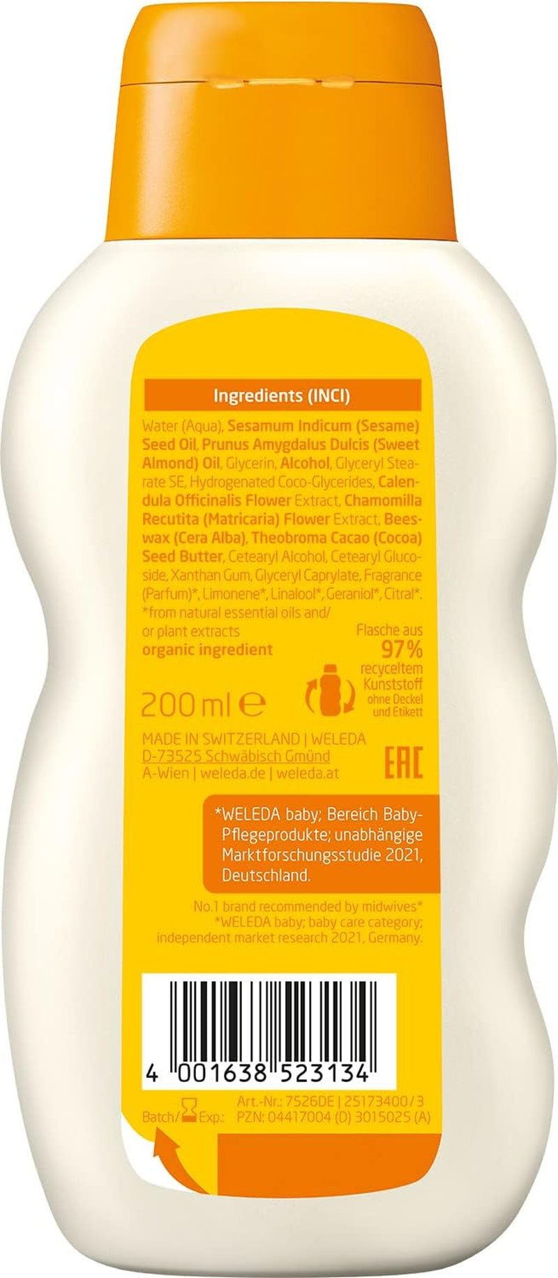 WELEDA Organic Baby Calendula Care Milk - Loción corporal cosmética natural con aceite de almendras y cera de abejas para el cuidado y limpieza de la piel seca del bebé. Loción para el cuidado de la piel delicada de bebés y niños (1x 200ml) Infantil - Baño y Cuidado de la piel Naty Shop