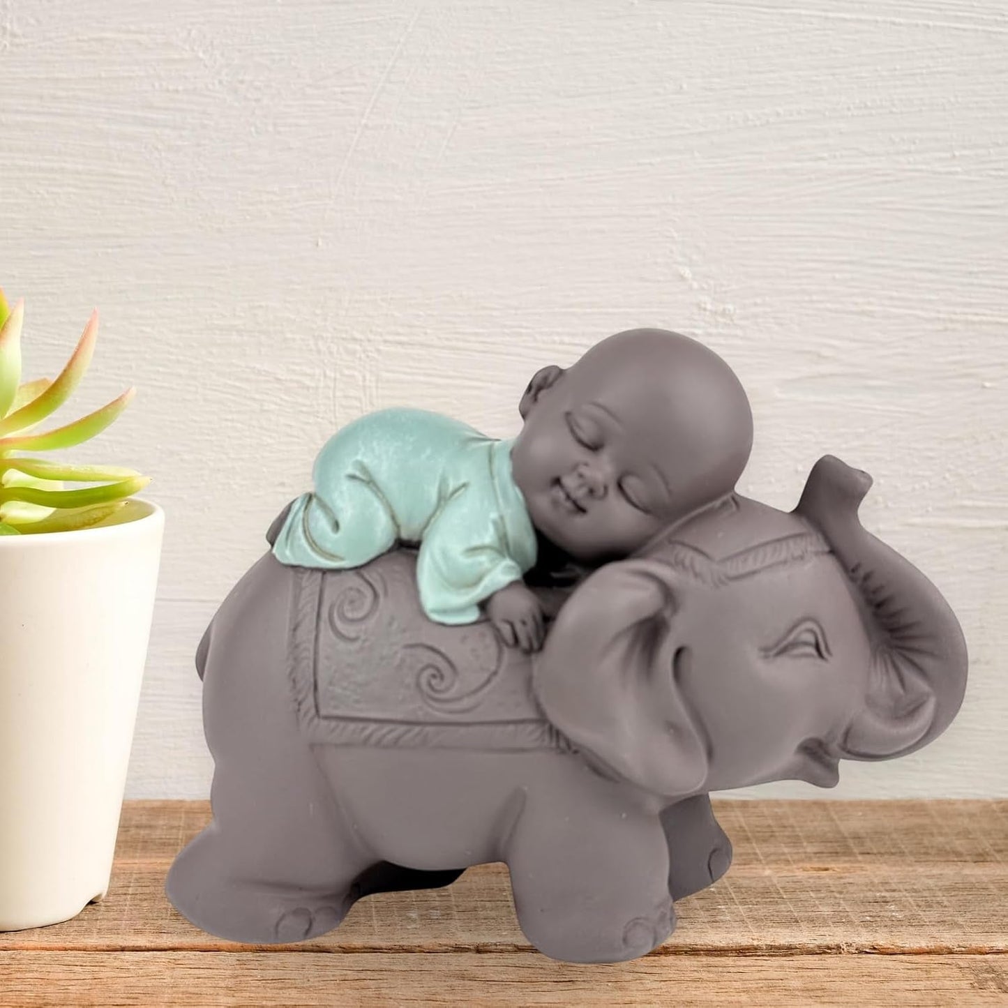 Zen'Light Estatua Bonzo de Buda durmiendo sobre un elefante - Atmósfera zen en tu espacio sagrado - Hermosa figura auspiciosa -Al. 9,5 cm, marrón y verde Estatuillas y esculturas Naty Shop