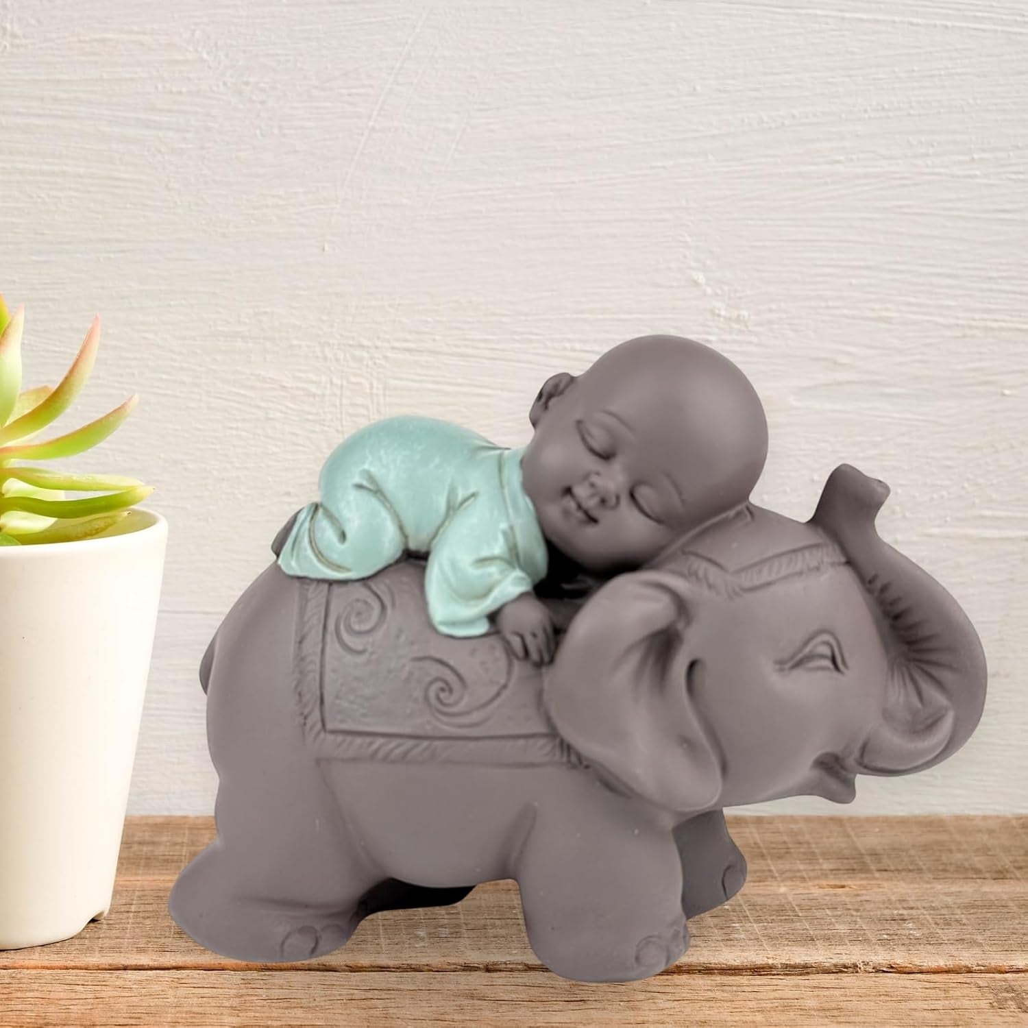 Zen'Light Estatua Bonzo de Buda durmiendo sobre un elefante - Atmósfera zen en tu espacio sagrado - Hermosa figura auspiciosa -Al. 9,5 cm, marrón y verde Estatuillas y esculturas Naty Shop