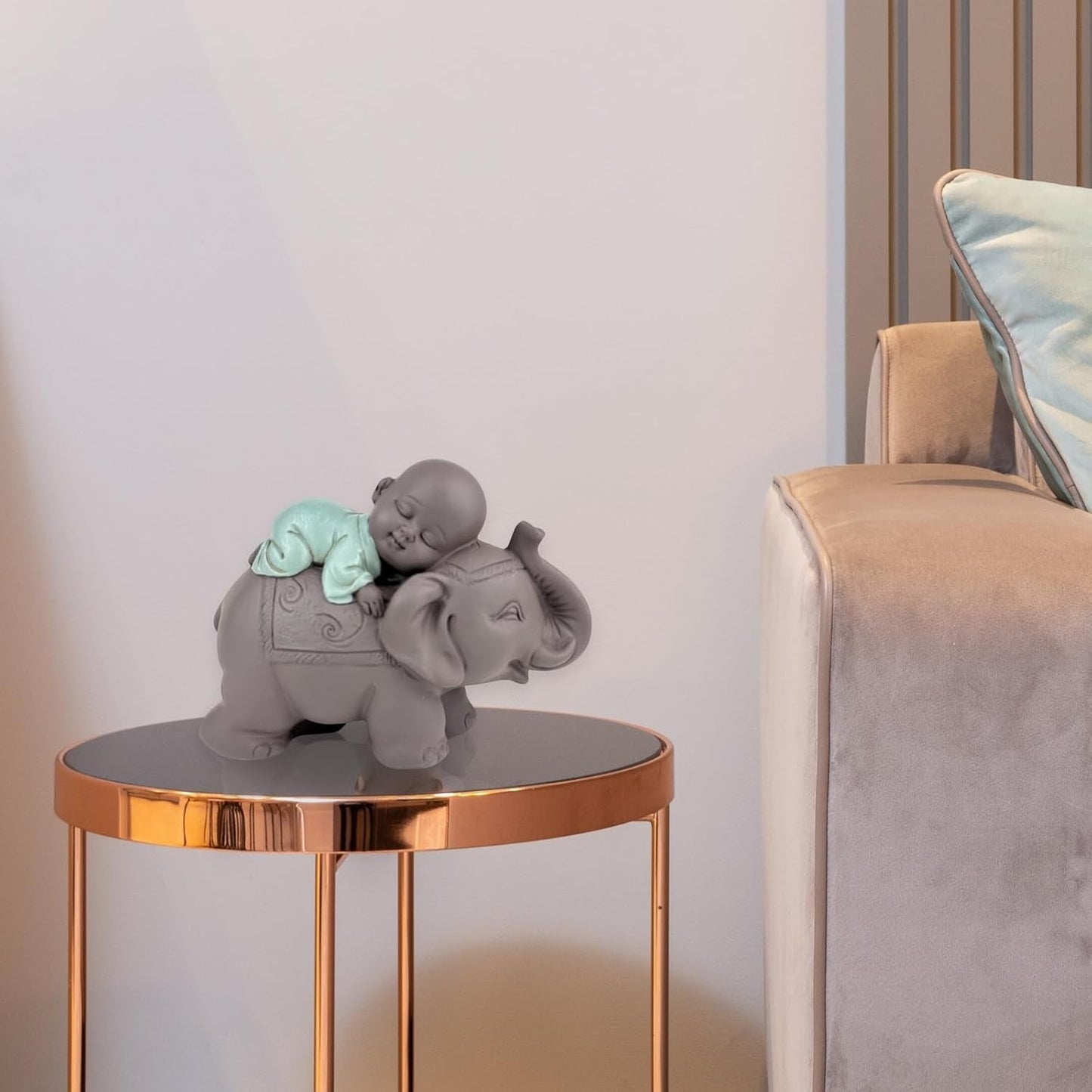 Zen'Light Estatua Bonzo de Buda durmiendo sobre un elefante - Atmósfera zen en tu espacio sagrado - Hermosa figura auspiciosa -Al. 9,5 cm, marrón y verde Estatuillas y esculturas Naty Shop