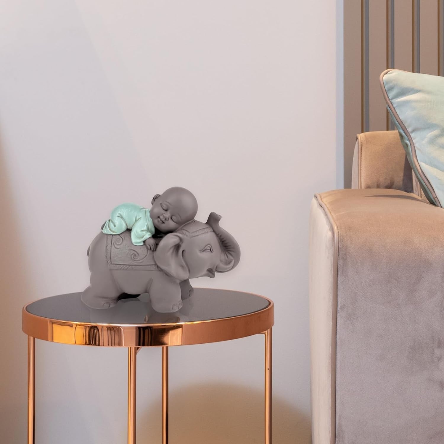 Zen'Light Estatua Bonzo de Buda durmiendo sobre un elefante - Atmósfera zen en tu espacio sagrado - Hermosa figura auspiciosa -Al. 9,5 cm, marrón y verde Estatuillas y esculturas Naty Shop