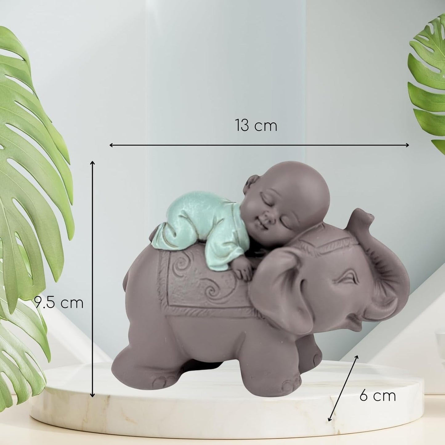 Zen'Light Estatua Bonzo de Buda durmiendo sobre un elefante - Atmósfera zen en tu espacio sagrado - Hermosa figura auspiciosa -Al. 9,5 cm, marrón y verde Estatuillas y esculturas Naty Shop