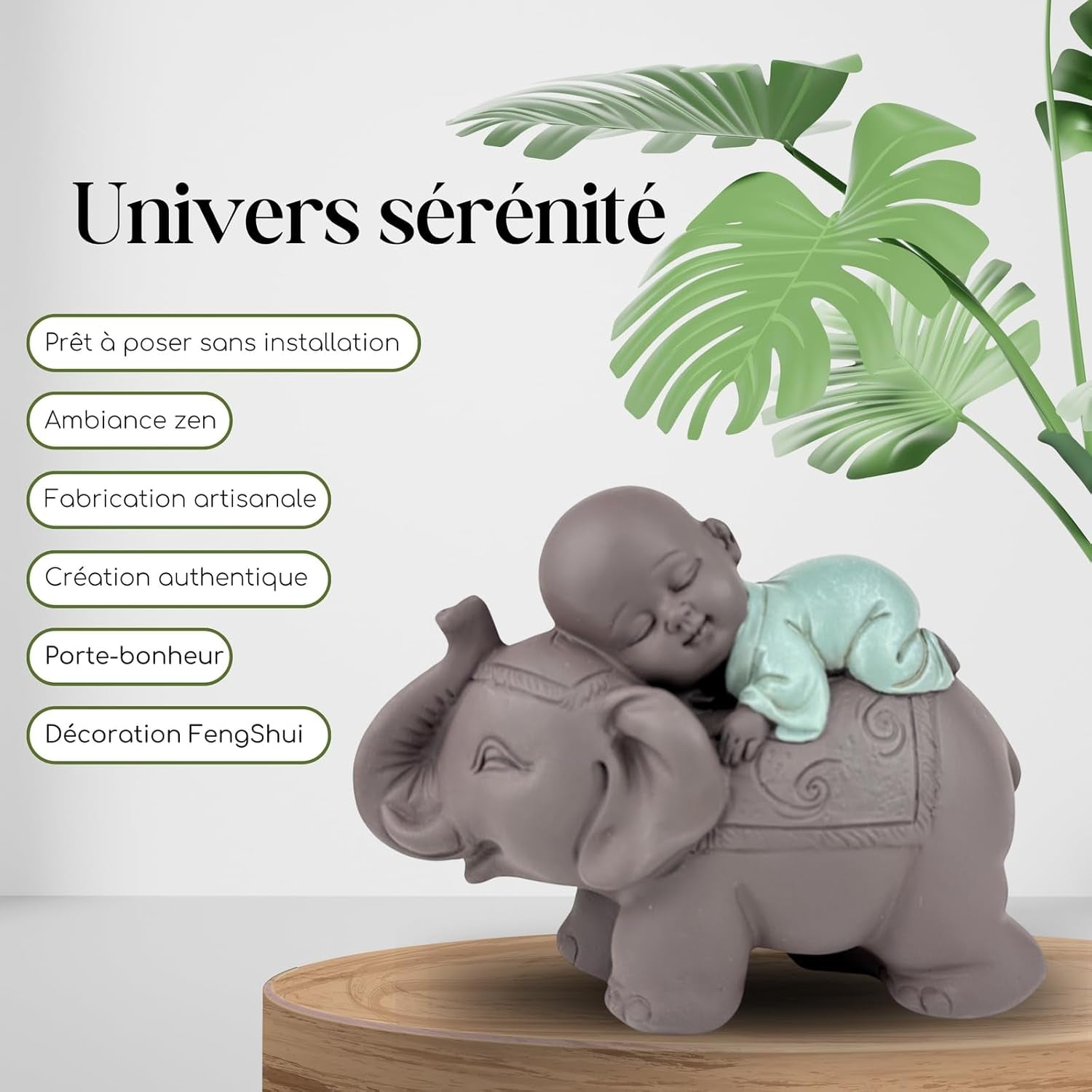 Zen'Light Estatua Bonzo de Buda durmiendo sobre un elefante - Atmósfera zen en tu espacio sagrado - Hermosa figura auspiciosa -Al. 9,5 cm, marrón y verde Estatuillas y esculturas Naty Shop