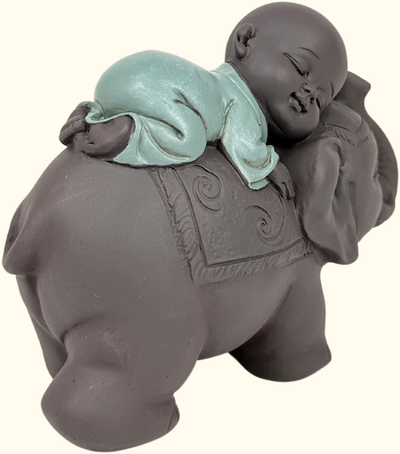 Zen'Light Estatua Bonzo de Buda durmiendo sobre un elefante - Atmósfera zen en tu espacio sagrado - Hermosa figura auspiciosa -Al. 9,5 cm, marrón y verde Estatuillas y esculturas Naty Shop