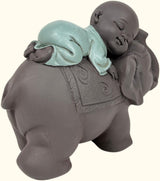 Zen'Light Estatua Bonzo de Buda durmiendo sobre un elefante - Atmósfera zen en tu espacio sagrado - Hermosa figura auspiciosa -Al. 9,5 cm, marrón y verde Estatuillas y esculturas Naty Shop