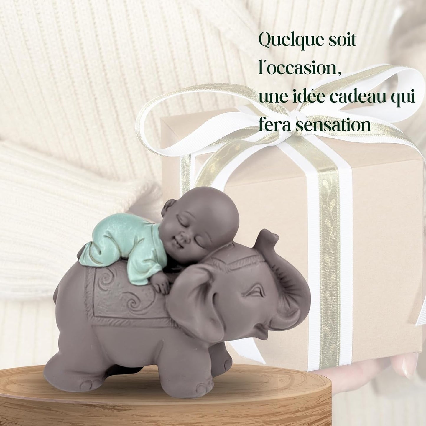 Zen'Light Estatua Bonzo de Buda durmiendo sobre un elefante - Atmósfera zen en tu espacio sagrado - Hermosa figura auspiciosa -Al. 9,5 cm, marrón y verde Estatuillas y esculturas Naty Shop