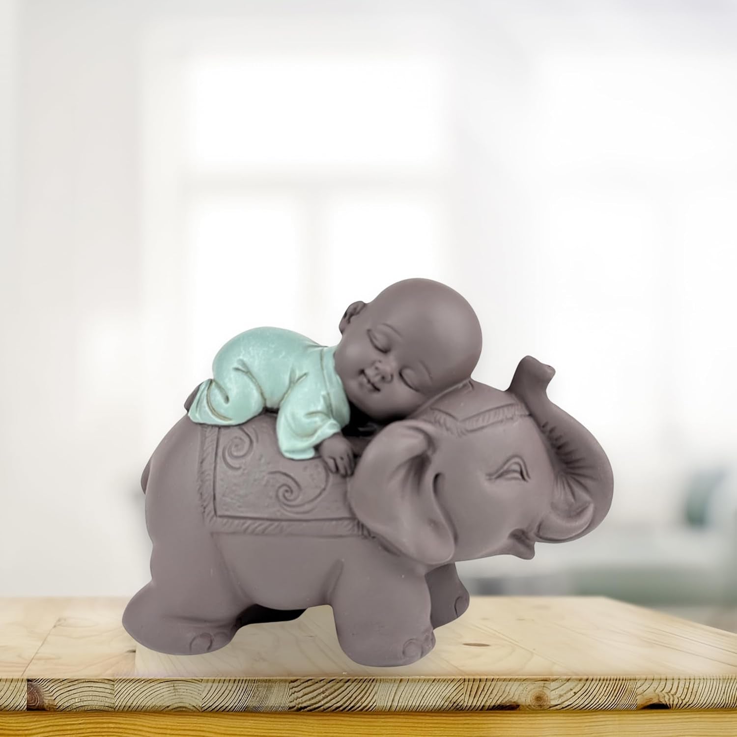 Zen'Light Estatua Bonzo de Buda durmiendo sobre un elefante - Atmósfera zen en tu espacio sagrado - Hermosa figura auspiciosa -Al. 9,5 cm, marrón y verde Estatuillas y esculturas Naty Shop