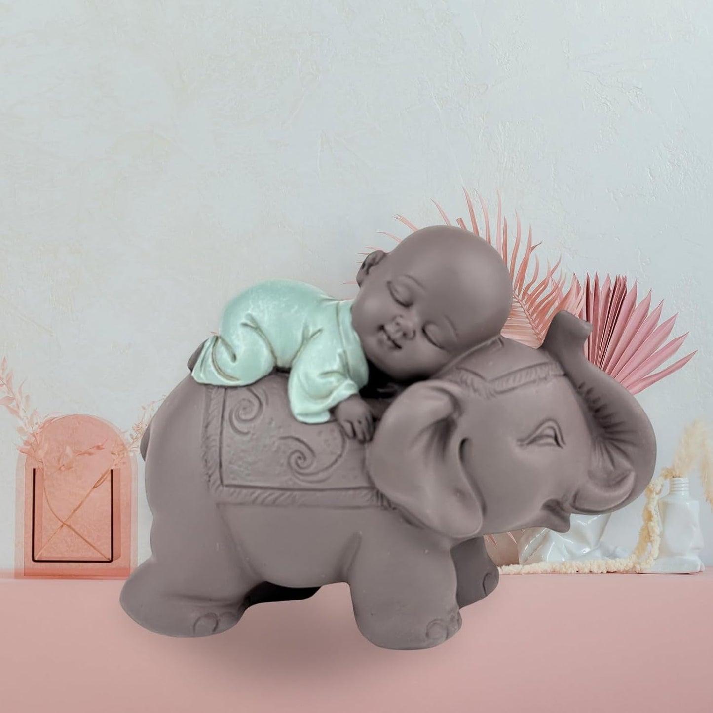 Zen'Light Estatua Bonzo de Buda durmiendo sobre un elefante - Atmósfera zen en tu espacio sagrado - Hermosa figura auspiciosa -Al. 9,5 cm, marrón y verde Estatuillas y esculturas Naty Shop
