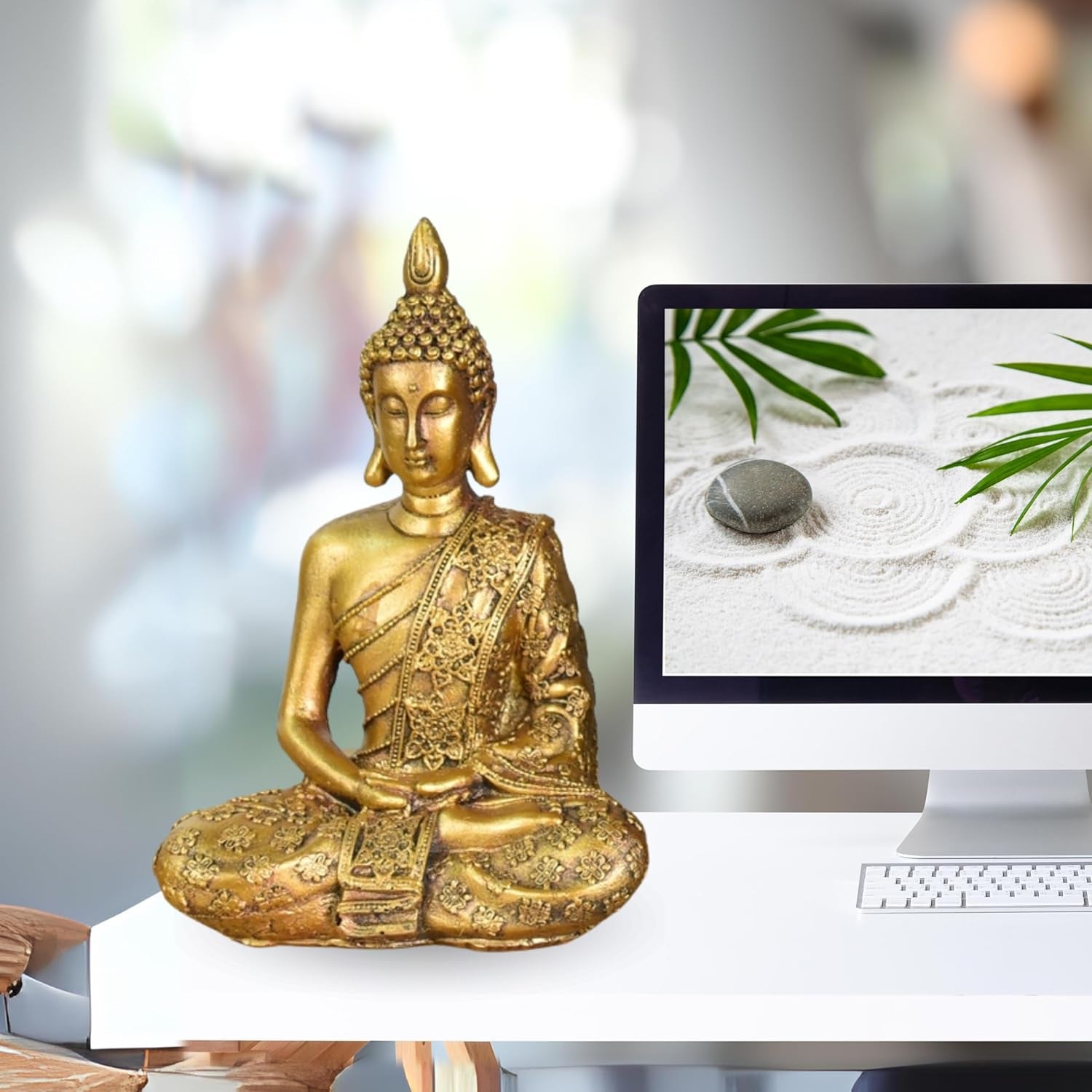 Zen'Light - Estatuilla con cabeza de Buda Sanci - Decoración para Zen, meditación y feng shui - Regalo para un ambiente relajante y espiritual - Estatua de Buda - Altura: 18 cm - Color: oro Estatuillas y esculturas Naty Shop