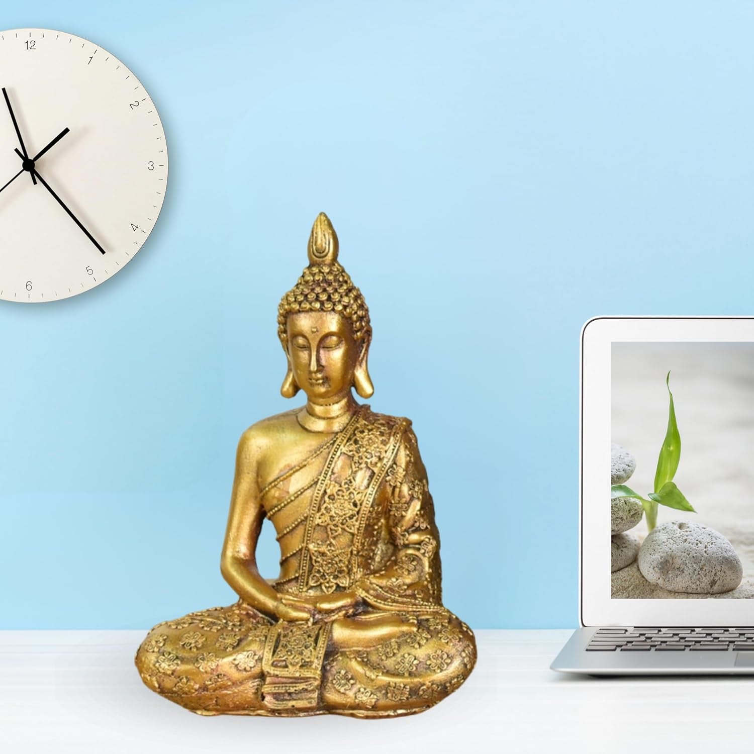 Zen'Light - Estatuilla con cabeza de Buda Sanci - Decoración para Zen, meditación y feng shui - Regalo para un ambiente relajante y espiritual - Estatua de Buda - Altura: 18 cm - Color: oro Estatuillas y esculturas Naty Shop