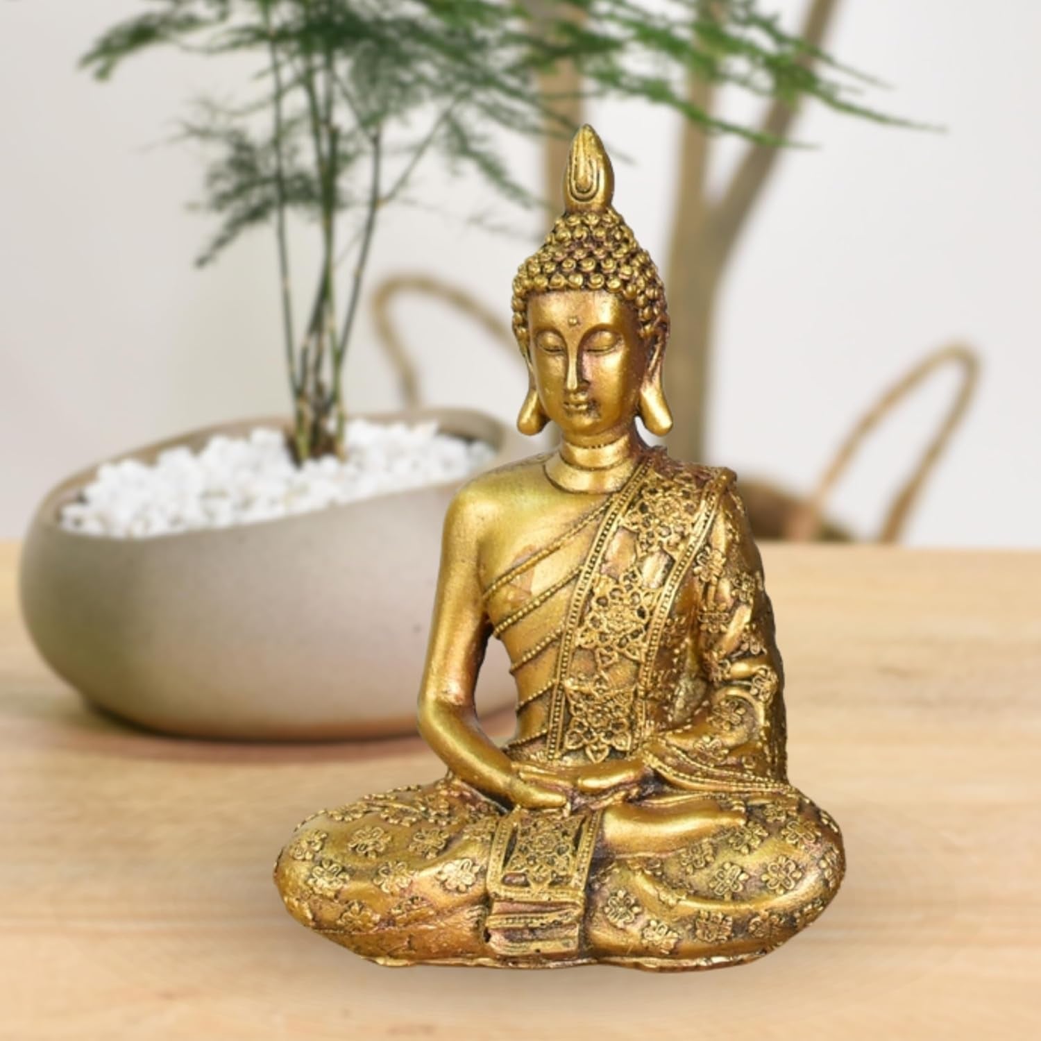 Zen'Light - Estatuilla con cabeza de Buda Sanci - Decoración para Zen, meditación y feng shui - Regalo para un ambiente relajante y espiritual - Estatua de Buda - Altura: 18 cm - Color: oro Estatuillas y esculturas Naty Shop