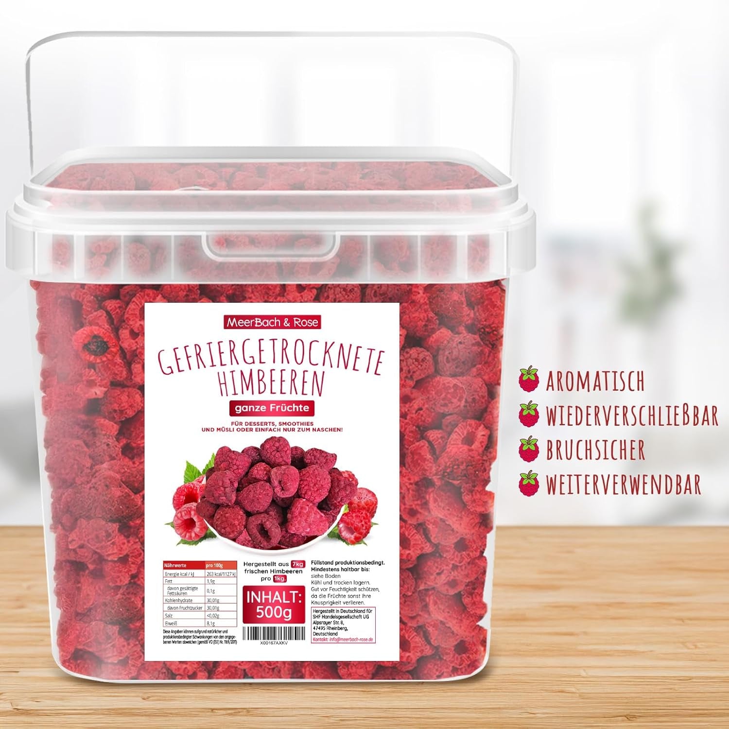 Frambuesas liofilizadas, SIN productos chinos, 500g de fruta entera liofilizada, sin aditivos, afrutada, made in Germany Productos secos Naty Shop