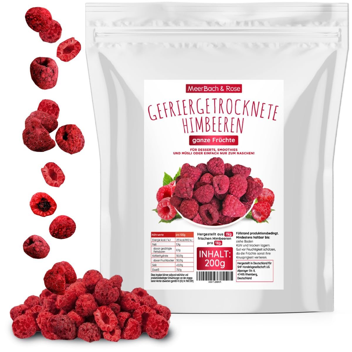 Frambuesas liofilizadas, SIN productos chinos, 500g fruta entera liofilizada, sin aditivos, afrutada, made in Germany Productos deshidratados Naty Shop 200